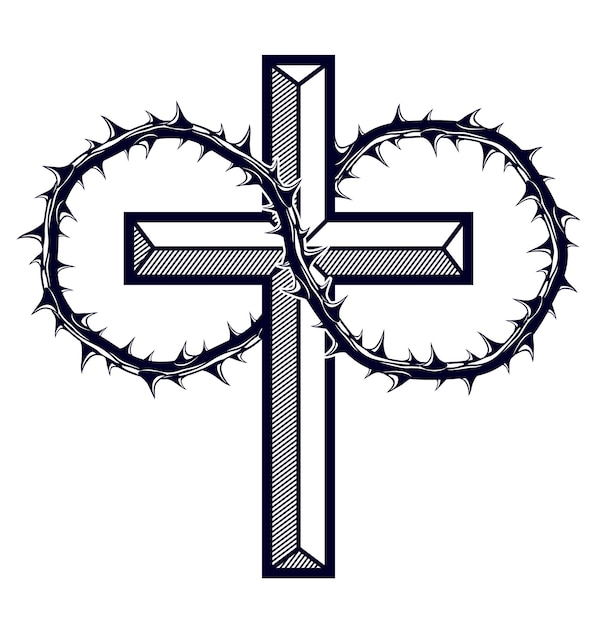 Христианский крест с логотипом религии вектор терновника шипа или татуировкой, страстью Христа.