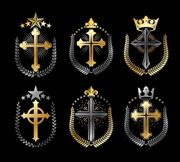 Christian Crosses emblemen ingesteld. Heraldische vector design elementen collectie. Retro-stijl label, heraldiek logo.