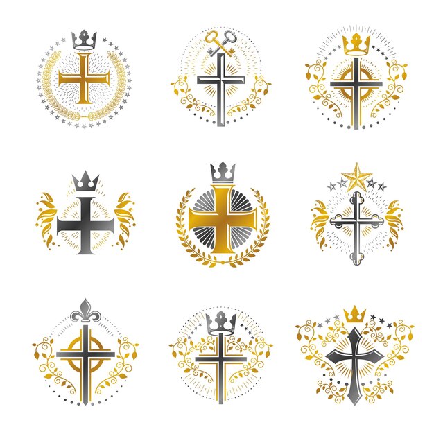 Christian Crosses emblems set. Heraldic Coat of Arms decorative logos isolated vector illustrations collection.