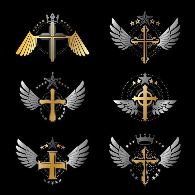 クリスチャン クロスのエンブレム セット。紋章の紋章付き外衣の装飾的なロゴは、ベクトル イラスト コレクションを分離しました。