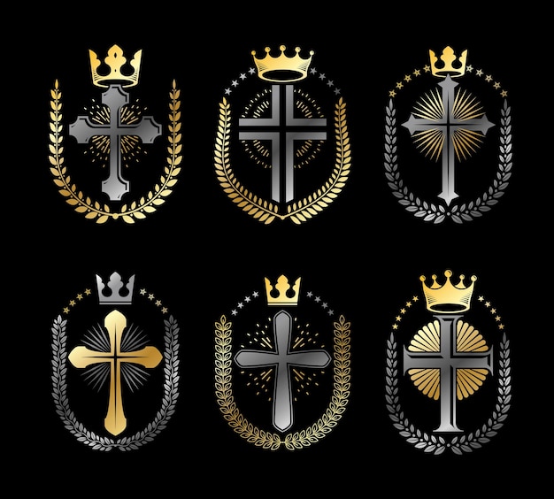 Christian Crosses emblems set. Heraldic vector design elements collection. Retro style label, heraldry logo.