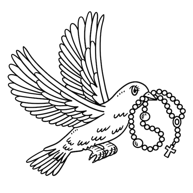 Christian Dove with Rosary Isolated Coloring Page