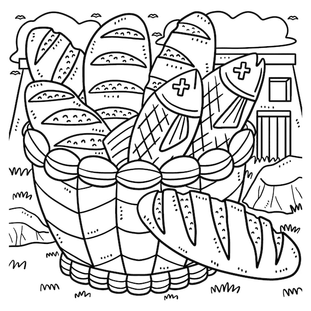크리스천 빵 다섯 개와 물고기 두 마리 색칠 페이지