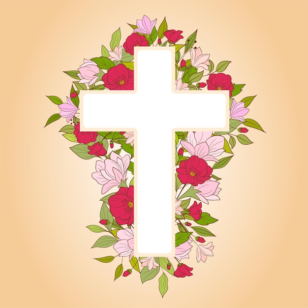 Vector christian flower cross op beige achtergrond voor doopuitnodigingen eerste communie en pasen