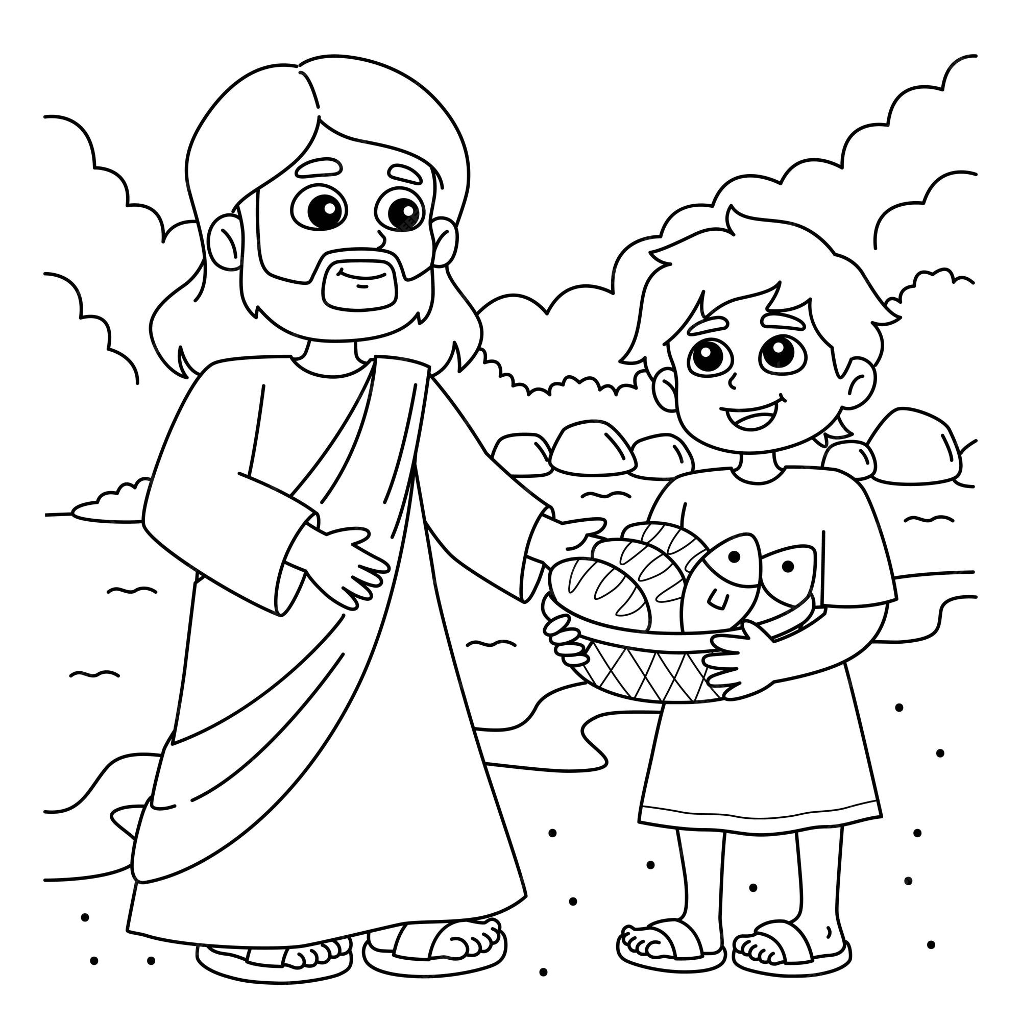 Premium Vector | Christian Jesus Feeds 5000 People Coloring Page