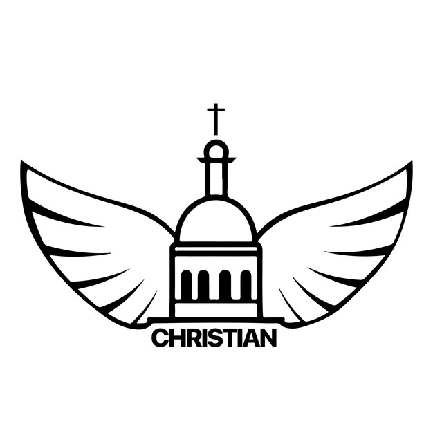 Modello di logo cristiano con tempio della chiesa e ali di colomba simbolo cristiano bianco e nero ali di piccione e logotipo della torre della chiesa