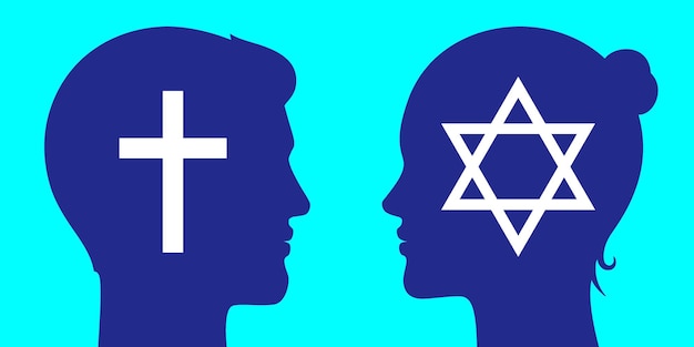 Christian man and jew woman standing together different religion couple concept vector illustration