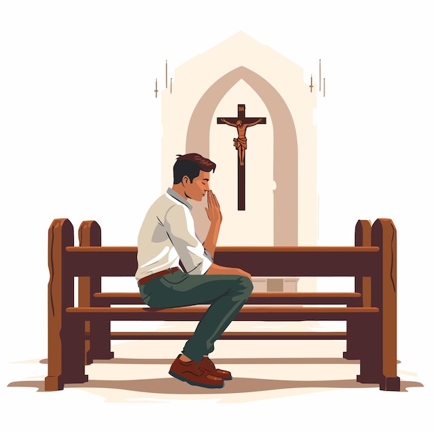 Vector christian_man_sits_and_prays_in_catholic_church