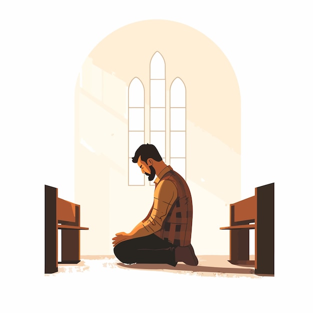 Вектор Христианин сидит и молится в католической церкви.
