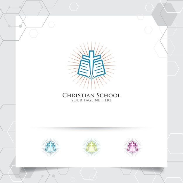 Christian school logo design vector with the concept of book pen and cross icon