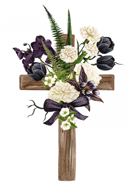 Christian wooden cross decorated with flowers and leaves