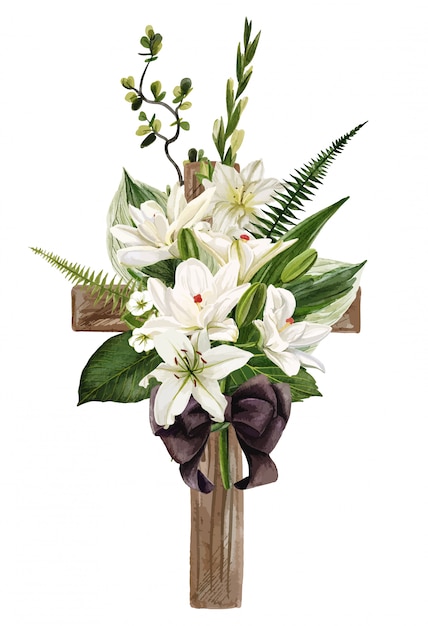 Vettore croce cristiana in legno decorata con fiori e foglie