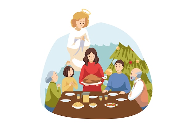 Christianity, celebration. Angel biblical religious character watches at family dinner on Christmas.