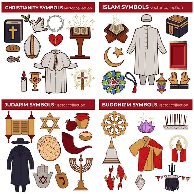 Christianity and islam judaism and buddhism world religions symbols vector bible and koran torah and meditation papa outfit and mosque david star and monk robe cross and moon hamsa and dharma wheel