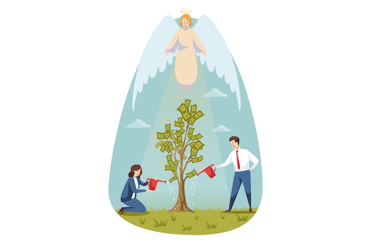 Vector christianity, religion, protection, gardening, business, support concept. angel biblical religious character protecting businessman guy woman clerk manager pouring money tree. divine support success.