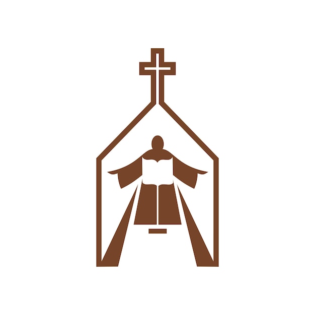 Vector christianity religion vector icon praying person with open bible inside of church building with cross christian catholic faith religious brown symbol