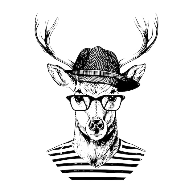 Christmals deer hipster animal wears glasses vector art Illustration