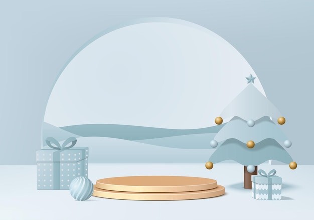 ギフトボックスと表彰台のプラットフォームを備えたクリスマス3dミニマルレンダリングシーン。金の表彰台とクリスマスツリーの背景ベクトル3dレンダリング。製品を表示するために立ちます。ペデスタルブルーのクリスマス3dショーケース