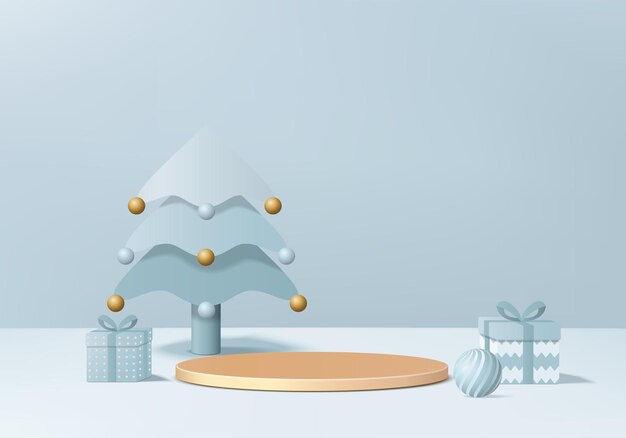 Christmas 3d minimal rendered scene with gift box and podium platform. christmas tree background vector 3d rendering with gold podium. stand to show products. christmas 3d showcase on pedestal blue