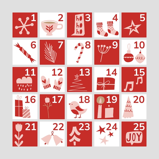 Vettore calendario dell'avvento di natale illustrazioni invernali piatte calendario rosso
