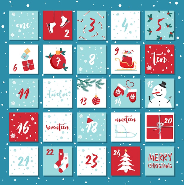 Vector christmas advent calendar winter holidays poster with dates vector illustration