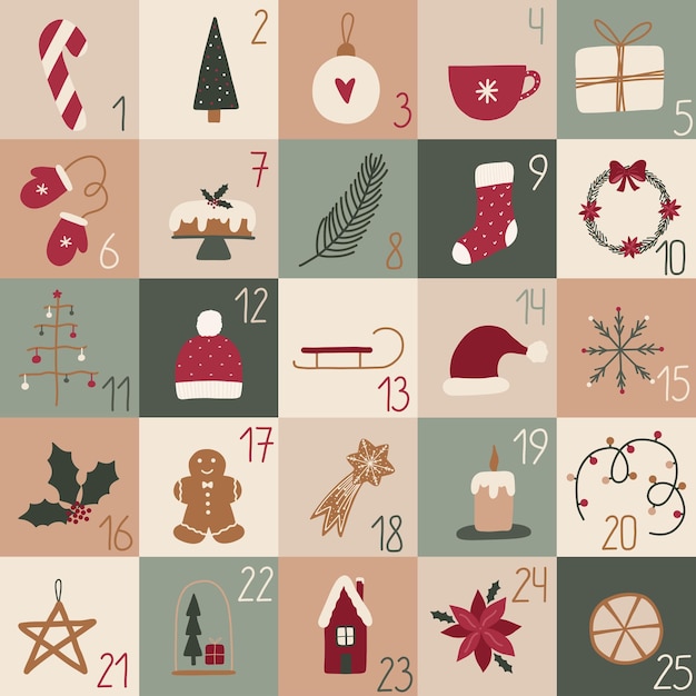 Christmas advent calendar with Christmas elements and numbers Vector graphics