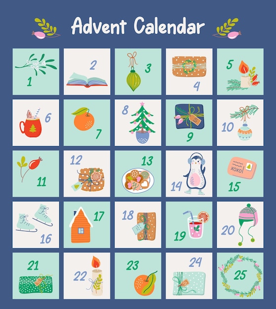 Calendario dell'avvento natalizio con graziosi elementi disegnati a mano. poster di natale con simboli di vacanza.