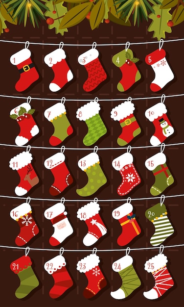 Christmas advent calendar with different winter socks Vector