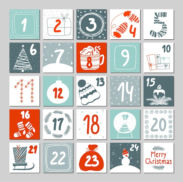 Christmas advent calendar with hand drawn elements. christmas poster. vector illustration