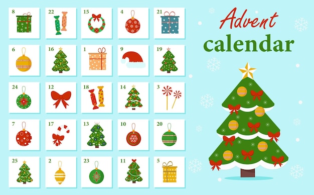 Calendario dell'avvento di natale con elementi di capodanno, un albero di natale, regali, dolci, decorazioni. illustrazione invernale per la creatività dei bambini. vettore, stile cartone animato.