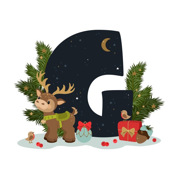 クリスマスのアルファベット。お祝いの要素を持つ文字「G」。