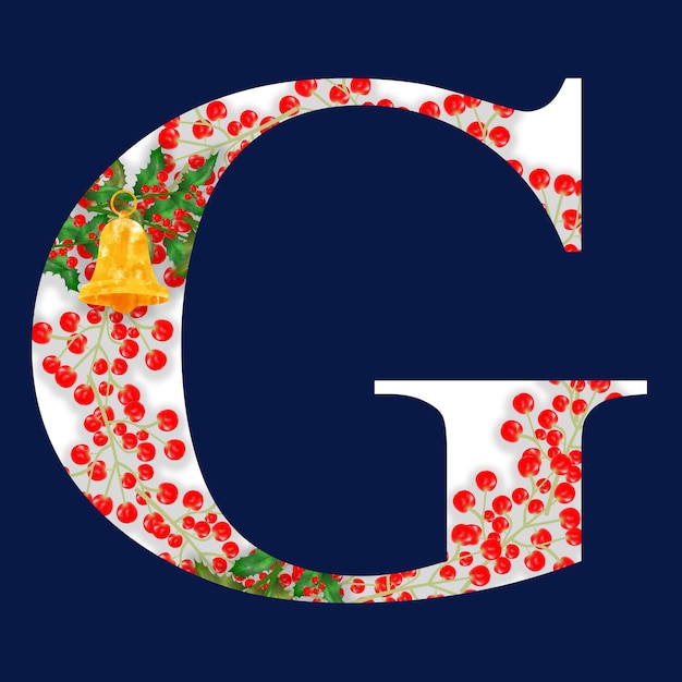 Векторная иллюстрация рождественского алфавита с рождественским колокольчиком, красными ягодами и листьями падуба.