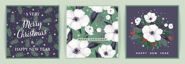 크리스마스 트리와 흰색 꽃 벡터 디자인으로 크리스마스와 새 해 복 많이 받으세요 카드