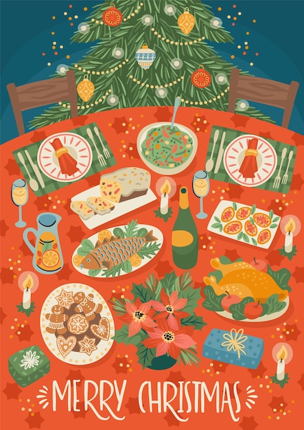 ベクトル クリスマステーブルのクリスマスと新年あけましておめでとうございますイラスト。お祝いの食事。トレンディなレトロなスタイル。