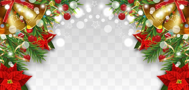 Вектор Рождественские и новогодние украшения границы с еловыми ветками, золотыми колокольчиками, рождественскими цветами пуансеттия и ягодами падуба. элемент дизайна для рождественской открытки на прозрачном фоне.