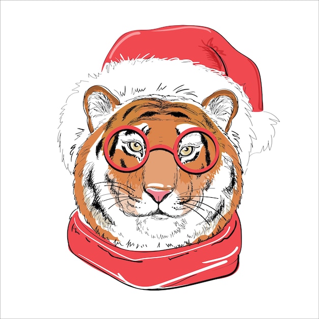 Рождественская и новогодняя открытка с тигром в шапке санта-клауса символ нового года 2022