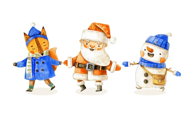 Вектор Рождественская и новогодняя коллекция персонажей с санта-клаусом, снеговиком и лисой