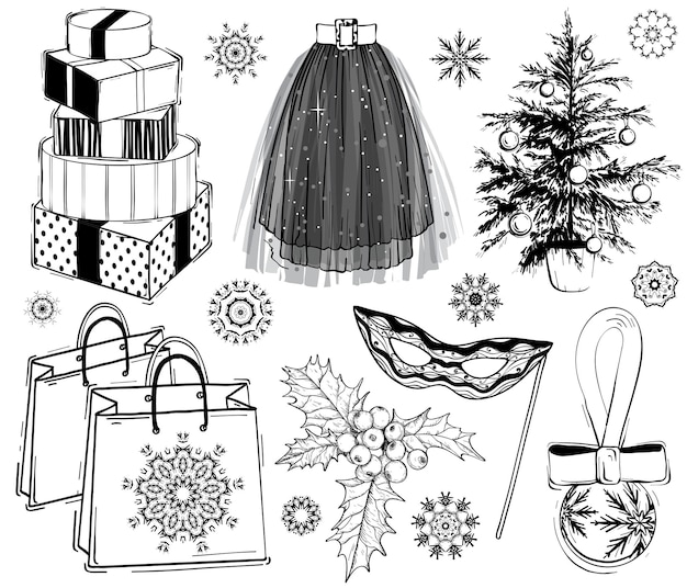 ベクトル クリスマス & ニューイヤー ファッション ベクトルセット クリスマス プレゼントボックス & クリスマスツリー プラント マスク ショッピングバッグ & パーティー スカート