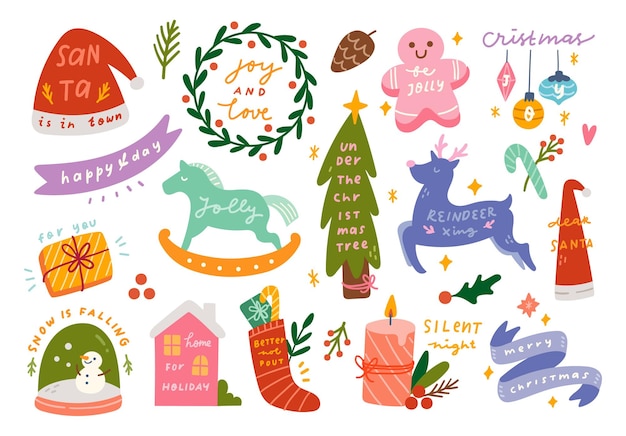 クリスマスと新年のグリーティングカードの落書き要素