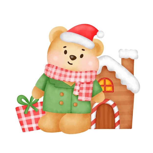 수채화 스타일의 귀여운 테디 베어와 선물 상자가 있는 크리스마스와 새해 인사말 카드.