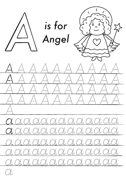 ベクトル クリスマスと新年の就学前のabcトレースワークシート。画像や文字を着色するシンプルな教育用印刷可能なゲーム。子供たちは遊んでページを学びます。ベクトルイラスト