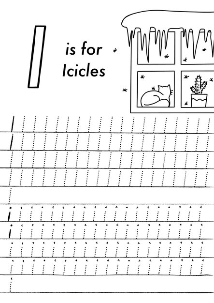 ベクトル クリスマスと新年の就学前のabcトレースワークシート。画像と文字を着色するシンプルな教育用印刷可能ゲーム。子供たちは遊んでページを学びます。ベクトルイラスト