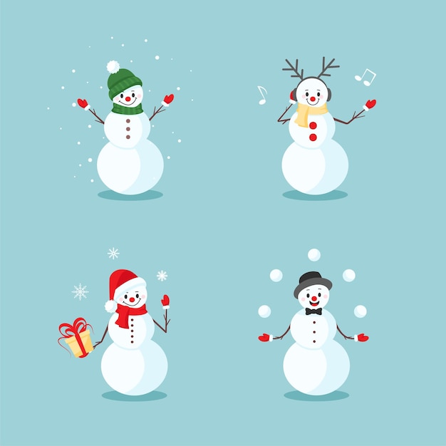 クリスマスと新年は、サンタクロースの帽子、スカーフ、帽子、ヘッドフォンで音楽を聴いたり、雪玉でジャグリングしたり、さまざまなポーズや感情のかわいい雪だるまが登場します。ベクトルイラスト