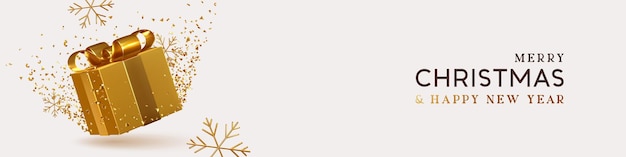 クリスマスと新年の web バナー、web サイトのヘッダー。金色のリアルな 3 d ギフト ボックス、金の雪片、見掛け倒しの紙吹雪。クリスマス チラシ、パンフレット、水平休日の背景。ベクトル イラスト