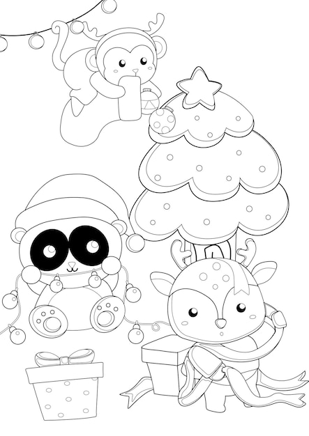 Christmas Animal Panda Deer Coloring Pages A4 for Kids and Adult