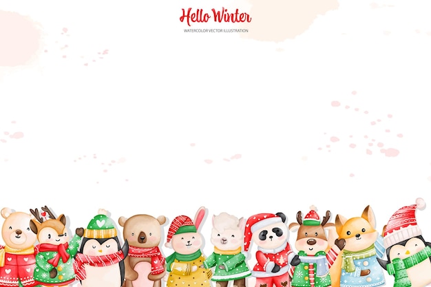 Christmas animals background, Watercolor Winter animals, Watercolor illustration