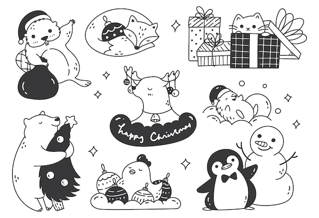 クリスマスの動物漫画落書きイラスト