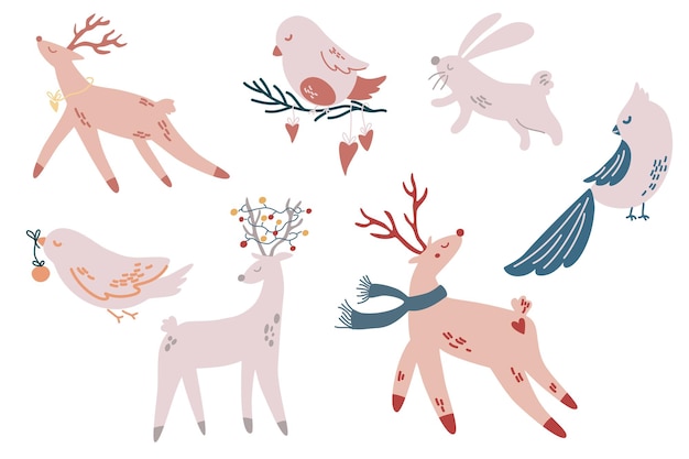 Рождественские животные. олени, птицы, кролики. рисованные персонажи. зимний курортный сезон новогоднее мероприятие. векторные иллюстрации.