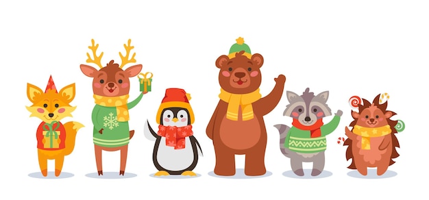 手を振っているクリスマスの動物、漫画のキャラクター、キツネ、トナカイ、ペンギン、クマ、アライグマとヘッジホッグは、クリスマスの贈り物を持っている面白い冬のセーター、帽子、スカーフを着ています。孤立したベクトル図