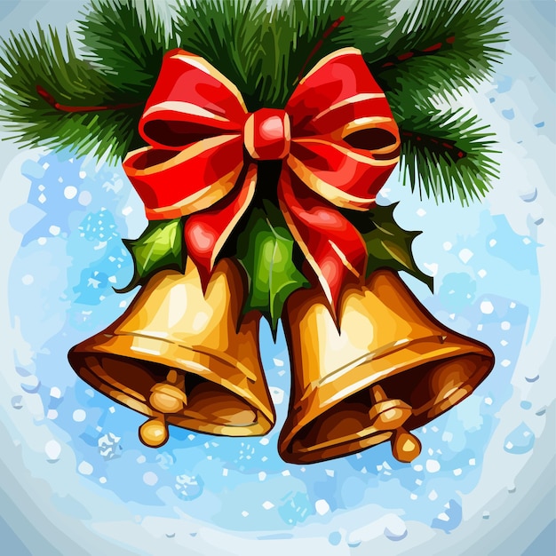 Рождественская композиция из еловых зеленых веток, золотых колокольчиков с красной лентой и дизайном снежинок